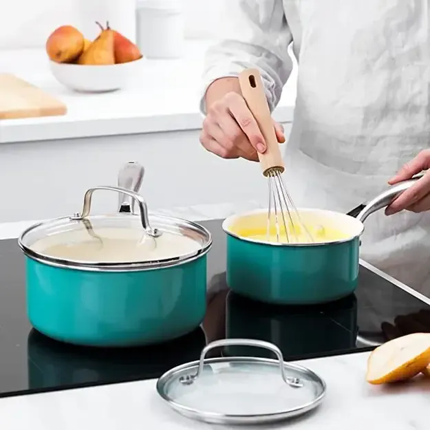 GreenLife puodų rinkinys su dangčiais 14 cm ir 18 cm – neprideganti danga, stilingas dizainas 1