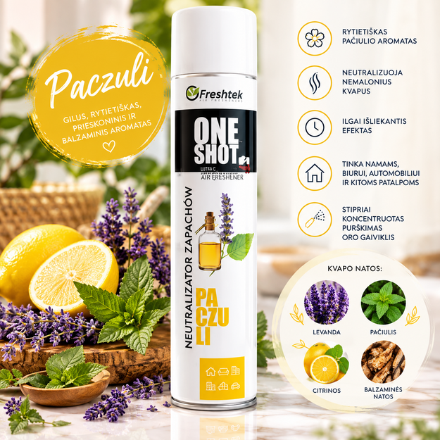 Freshtek ONE SHOT Paczuli oro gaiviklis ir kvapų neutralizatorius, 600 ml