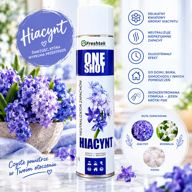 Freshtek ONE SHOT Hiacynt oro gaiviklis ir kvapų neutralizatorius, 600 ml