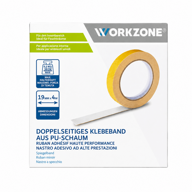 WORKZONE dvipusė montavimo juosta iš PU putų 19 mm × 4 m