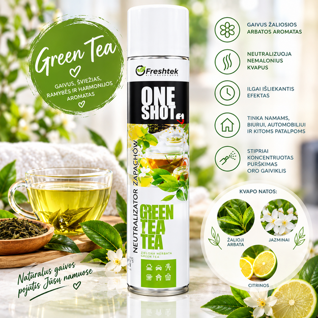 Freshtek ONE SHOT Green Tea oro gaiviklis ir kvapų neutralizatorius, 600 ml