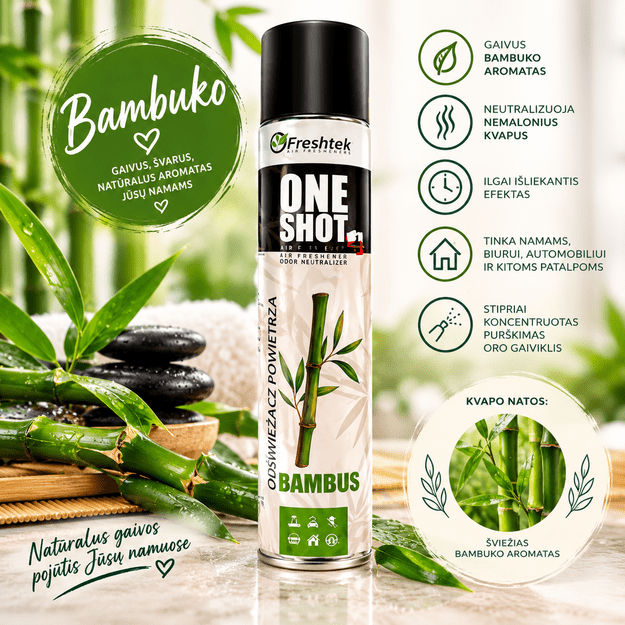 Freshtek ONE SHOT Bamboo bambuko aromato oro gaiviklis ir kvapų neutralizatorius, 600 ml