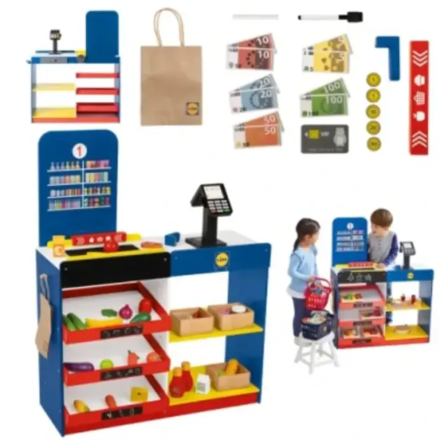 Playtive medinis vaikų supermarketas su kasa ir konvejeriu – 26 dalių